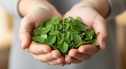 Close-up of hands holding fresh, green moringa leaves, showcasing their vibrant color and natural texture
