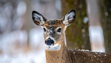 Close-up of a deer's face in a snowy, blurred winter background. Gentle snowfall visible