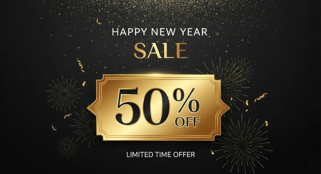 Elegant New Year Sale Banner with Golden 50 Off Offer.