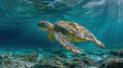 Fototapeta premium Graceful sea turtle in turquoise Mediterranean sea, sunlit water and rocky seafloor