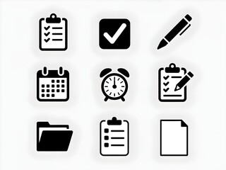 Essential Icons: A comprehensive set of essential icons for business and personal use, showcasing key elements for planning, organization, and task management. These icons, simple yet elegant.