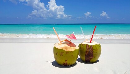 Coconuts with straws on white sand beach with turquoise ocean and blue sky with white clouds backdrop