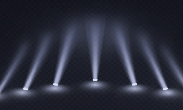 Bright blue stage spotlight illuminates the dark theater space for a concert show