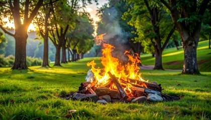 Bright flames from a campfire surrounded by green grass with trees in the background against a sunny sky