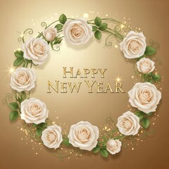 Happy New Year Greeting Card with Golden Text and White Rose Wreath on Sparkling Brown Background