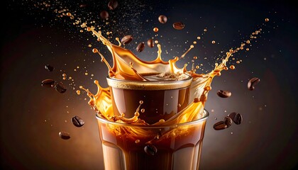 Coffee splash in two glasses, brown liquid in motion with scattered beans, dark background, warm lighting