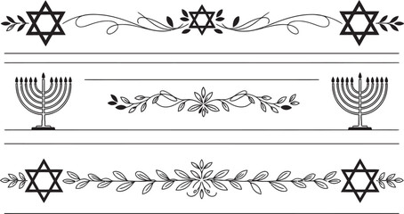 Collection of elegant black and white decorative borders with star of david and menorah symbols and floral elements