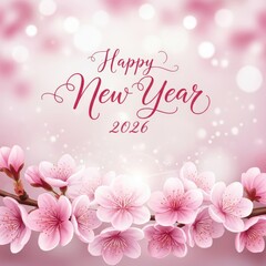 Happy New Year 2026 Greeting Card with Pink Cherry Blossoms on Bokeh Background