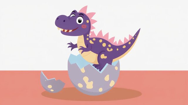 Cute Cartoon Baby Dinosaur Hatching from Egg, Smiling Purple Dino Character Illustration

