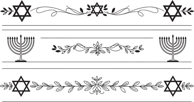 Collection of elegant black and white decorative borders with star of david and menorah symbols and floral elements