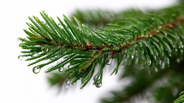 Green pine branch with needles and dew on a clean white background