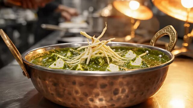 Delicious palak paneer indian food in copper bowl