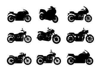 Obraz premium Motorcycle Silhouette Collection: A diverse compilation of motorcycle silhouettes showcases the sleek designs and unique features of different motorbikes, ideal for various design projects and themes.