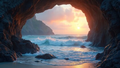 Sunset light glows through big ocean cave opening. Powerful sea waves crash on dark rocks, sandy shore inside grotto. Ocean water reflects warm sky colors. Beautiful natural arch frames scenic