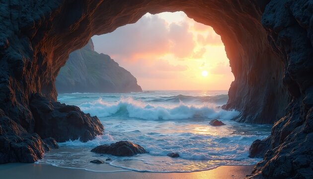 Sunset light glows through big ocean cave opening. Powerful sea waves crash on dark rocks, sandy shore inside grotto. Ocean water reflects warm sky colors. Beautiful natural arch frames scenic