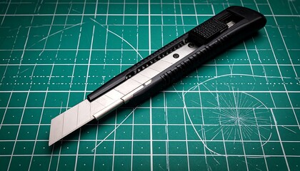 Box cutter on a green cutting mat with grid lines, creating an angled, sharp, and utilitarian scene