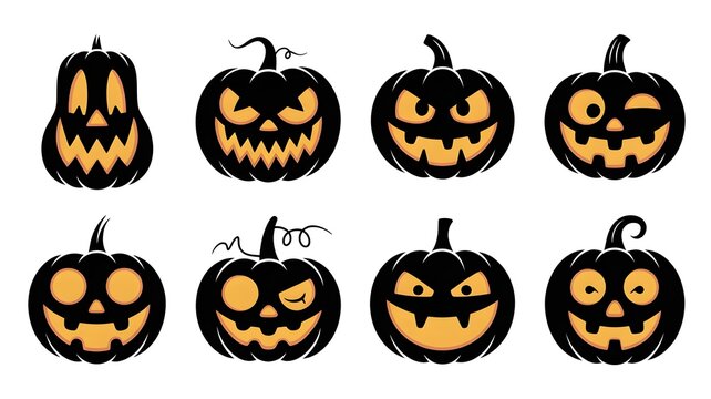 Halloween Pumpkin Faces: A collection of various Halloween pumpkin faces, each with a unique expression, carved into illuminated gourds against a dark backdrop.