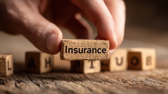 Hand holds wooden block labeled Insurance with multiple insurance categories shown on wooden tiles