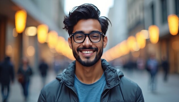 Young stylish bearded man with dark hair, eyeglasses smiles brightly. Stands on busy urban street, wearing casual puffer jacket, blue tee. City background shows warm bokeh lights, blurry walking
