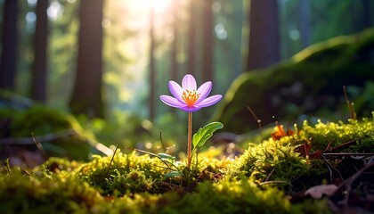 Delicate purple flower blooms on mossy forest floor, sun streaming through the trees in a vibrant, peaceful scene