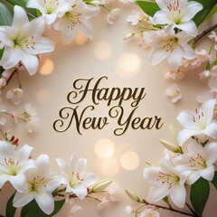 Happy New Year Floral Greeting Card with Golden Text and Bokeh Lights