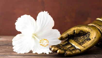 Buddha hand rests near a white hibiscus flower on aged wood, against a mottled brown background