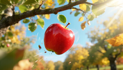 Ripe red apple dramatically falling from tree branch in orchard for nature and harvest
