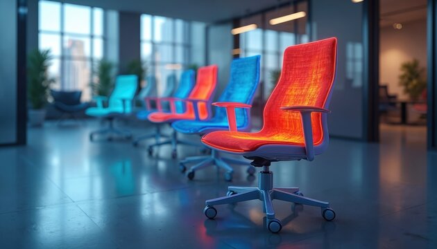 Modern ergonomic office chairs glow with colorful light. Red, blue seats show smart tech design for ultimate comfort, body support. Empty contemporary workspace interior highlights future of work