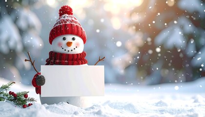 Cheerful snowman in snowy woods holding a blank sign, wearing a red hat and scarf with falling snow
