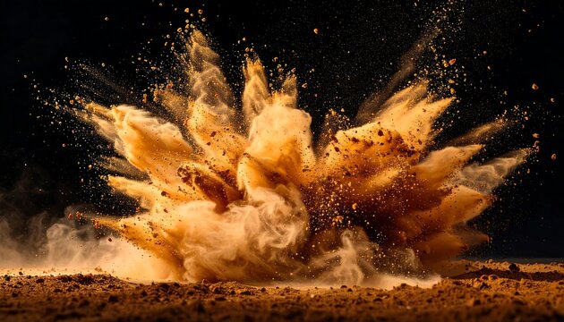 Golden dust explosion over a rough surface against a dark background, creating a dynamic and impactful visual