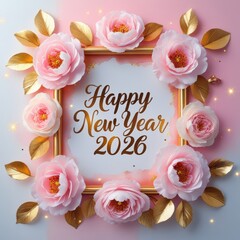 Happy New Year 2026 Greeting Card with Pink Camellia Flowers and Golden Frame