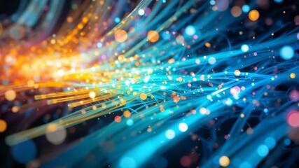 Futuristic fiber optic communication technology glows bright against a dark digital space with colorful light spots - Powered by Adobe