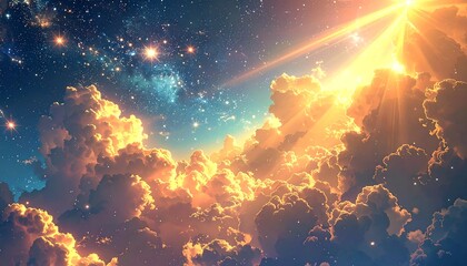 Ethereal golden light shines through fluffy white clouds against a backdrop of a sparkling starry night sky