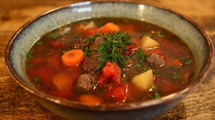 Hearty beef shurpa soup in bowl with vegetables and fresh herbs, traditional comfort food photography