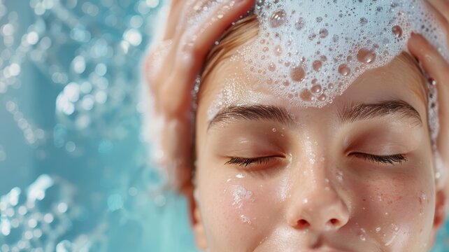 Close-up portrait of a woman with shampoo foam cascading down her forehead.