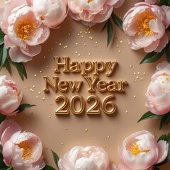 Happy New Year 2026 Celebration Card with Golden Text and Pink Peonies