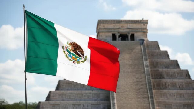 Mexican flag waving in front of the pyramid of kukulkan in chichen itza