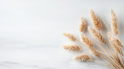 Cluster of dried palm leaves and pampas grass surrounding a blank notecard on marble.