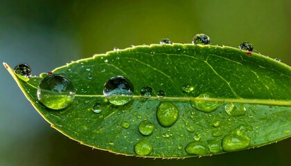 Dewy leaf. Tiny water droplets cling to a green leaf, illuminated by sunlight, against a blurred green backdrop