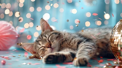 Photorealistic tabby kitten nestled in a disco ball-shaped bed.