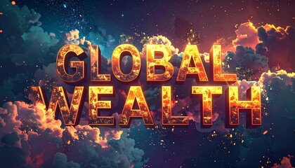GLOBAL WEALTH" text rendered in 3D, set against a backdrop of swirling, nebula-like clouds and starry skies