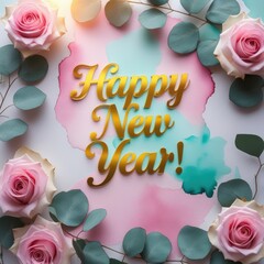 Happy New Year Greeting Card with Gold 3D Script Pink Roses and Teal Eucalyptus Watercolor Style