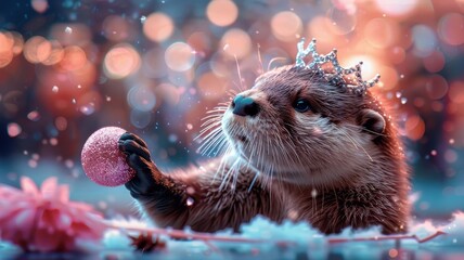 Curious otter in neon tutu and tiara peeking from behind a disco ball.