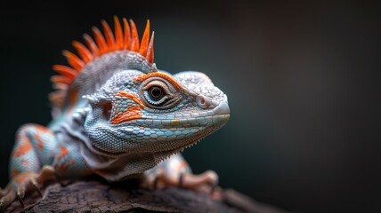 Close-up of regal basilisk with sequin crown, for magazine covers.