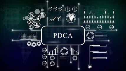 PDCA cycle infographic with global network and data analysis. Business, technology, internet and networking concept. 3d animation rendering 4k video map background  - Powered by Adobe