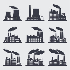 Fototapeta premium Industrial Silhouettes: A collection of stylized factory illustrations, with smokestacks and industrial structures, representing the essence of industry and production.