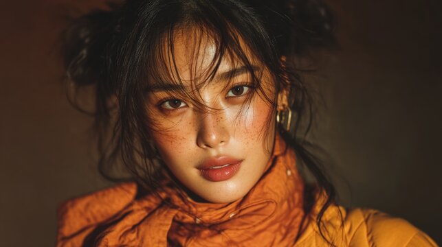 Young Asian model with loose hair and an intense gaze posing in close-up against warm light and a neutral background.