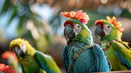 Close-up of parrots with mismatched accessories and joyful expressions.