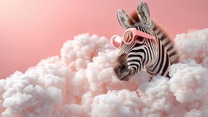 Surreal zebra with heart-shaped sunglasses floating in a dreamscape.