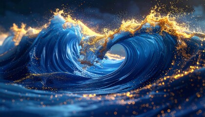 Dynamic wave with gold highlights, rolling and crashing towards viewer, under a cloudy sky